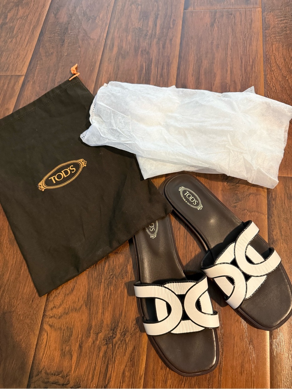 Tod's Black and White Leather Slide Sandals with Interlocking Strap